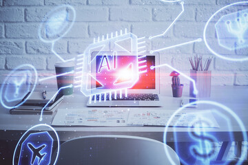 double exposure of desktop computer and technology theme hologram. concept of software development.
