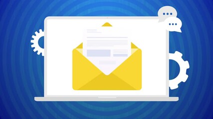 Poster - Opening Email message notification. Mail Communication, incoming or sending mail, receiving new e-mail message notification. Laptop with yellow envelope and send button with talk and chat icons