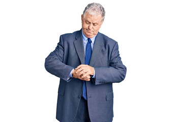 Sticker - Senior grey-haired man wearing business jacket checking the time on wrist watch, relaxed and confident