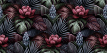 Tropical Exotic Seamless Pattern With Red Flower, Bromeliad, Monstera, Banana Leaves, Palm, Colocasia. Hand-drawn 3D Illustration. Good For Production Wallpapers, Cloth, Fabric Printing, Goods.