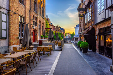  Old street of the historic city center of Bruges (Brugge), West Flanders province, Belgium. Cityscape of Bruges.