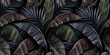 © alenarbuz - Tropical exotic seamless pattern with dark color vintage banana leaves, palm and colocasia. Hand-drawn 3D illustration. Good for production wallpapers, cloth, fabric printing, goods.