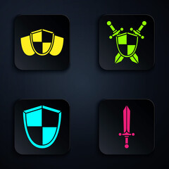 Poster - Set Medieval sword, Shield, Shield and Medieval shield with crossed swords. Black square button. Vector.