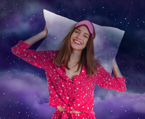 Wall Mural - Double exposure of woman with pillow and night starry sky. Bedtime