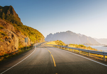 Wall Mural - road by the sea in sunrise time, lofoten island, norway