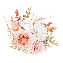 Wall Mural - Bright vector floral bouquet design. Blush peach, pale pink Rose, ivory white wax flowers, golden brown, orange red fall Eucalyptus, ruscus, fern leaves elegant editable isolated cute designer element