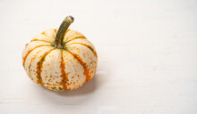 Closeup Of A White Pumpkin On White Surface With Space For Your Text - Autumn Themed Background