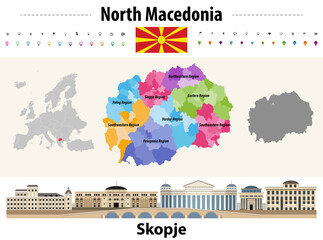 Wall Mural - north macedonia administrative divisions map. flag of north macedonia. skopje cityscape. vector illu