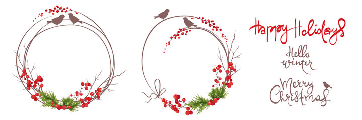 Wall Mural - Winter frames, christmas backgrounds. Set vector design elements and holiday calligraphy. Fir branches, birds and red berries.