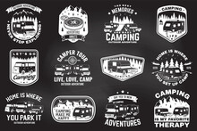 Set Of Outdoor Adventure Quotes. Vector. Concept For Shirt Or Logo, Print, Stamp Or Tee. Vintage Design With Mountains, Camping Trailer, Camper Van And Forest Silhouette