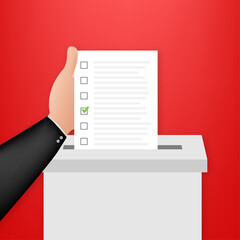 Poster - Hand puts vote bulletin into vote box. Voting concept. Ballot box. Vector stock illustration.