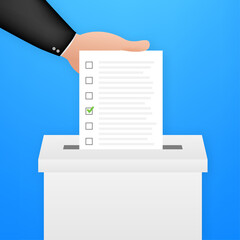 Poster - Hand puts vote bulletin into vote box. Voting concept. Ballot box. Vector stock illustration.