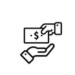 Give money outline icon. Payment with money. Hand holding paycheck icon.