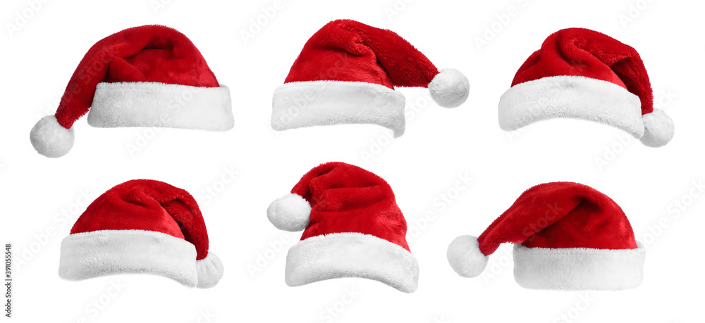Set of red Santa hats on white background. banner deisgn - obrazy, fototapety, plakaty 
