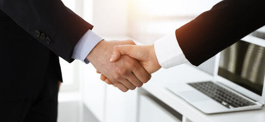 Businessman and woman shaking hands in sunny office, close-up. Concept of handshake as success symbol in business