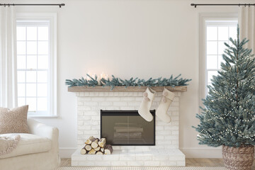 Poster - Interior with fireplace. 3d render.