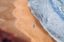 A Bird In Flight Over The Ocean. Blue Waves. Sunny Weather. Sandy Beach. Top View