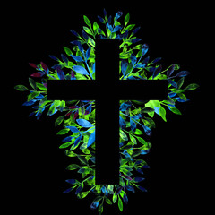 Blue and green watercolor floral religious cross isolated on a black background. Catholic and Orthodox illustration with neon lights. Easter, Baptism, First Communion clipart. Christian symbol.