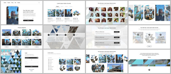 Sticker - Vector templates for website design, presentations, portfolio. Templates with triangles, triangular pattern for presentation slides, flyer, leaflet, brochure cover. Backgrounds with place for photo.