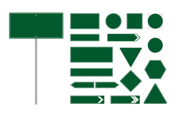 Wall Mural - Collection of blank green road sign or Empty traffic signs isolated on white background. Objects clipping path