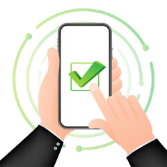 Poster - Smartphone with checkmark or tick notification in bubble. Approved choice. Accept or approve checkmark. Vector stock illustration.