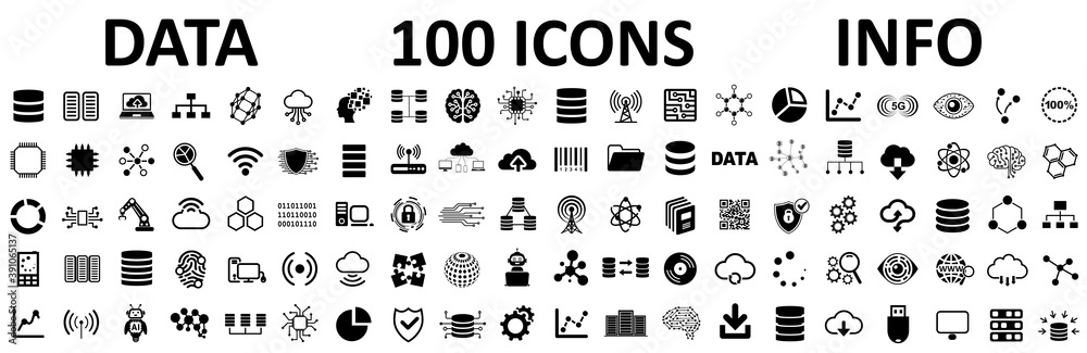 Database icons set, 100 big data universal icons set, data analysis, statistics, analytics web signs - stock vector - obrazy, fototapety, plakaty 