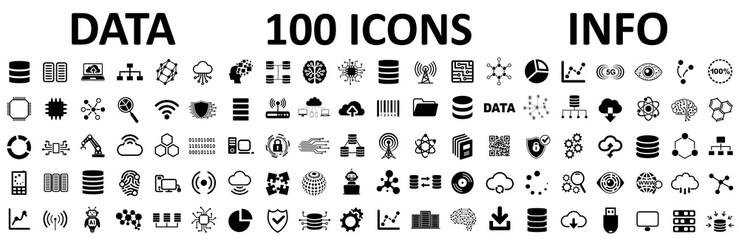 database icons set, 100 big data universal icons set, data analysis, statistics, analytics web signs