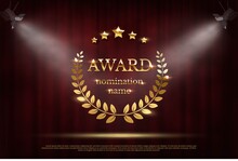 Award Nomination Emblem, Stage In Spotlight With Red Curtain Background. Movie Award Ceremony Opening, Celebration Event, Announcement Vector Illustration. Film Theatre Scene