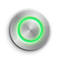 Poster - Chrome circle button. Metal silver round 3d icon vector illustration. Shiny circular realistic object on white background. Abstract element with green light