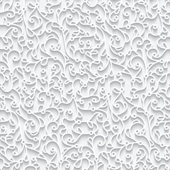 Wall Mural - White seamless pattern with cutout paper swirls, curly floral ornament, elegant background for wedding invitation design