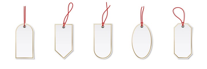 Poster - Price or label tags mockup template set. Blank cards with red strings for gifts or sales with different shapes: ellipse, rectangle. Empty stickers with red frames vector illustration
