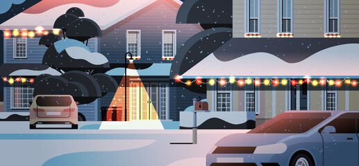 Wall Mural - car on snow covered house yard in winter season house building with decorations for new year and christmas celebration horizontal vector illustration