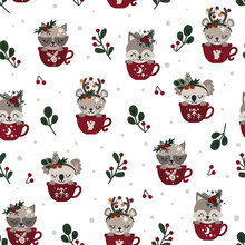 Seamless Pattern With Christmas Animals In A Cups On A White Background - Vector Illustration, Eps