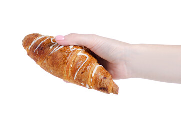 Wall Mural - Fresh sweet croissant in hand on white background isolation