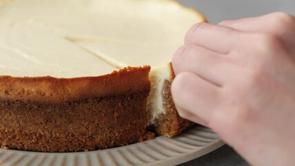 Wall Mural - Whole cheesecake with slice cut out. Closeup view of new york cheesecake