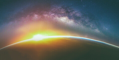 Wall Mural - landscape with milky way galaxy. sunrise and earth view from space with milky way galaxy. (elements 