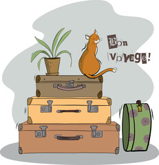 Cute cat sitting on the couple of suitcases, bon voyage illustration, travelling card, good trip wish