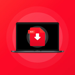 Poster - Laptop and download AVI file icon. Document downloading concept. AVI label and down arrow sign. Vector on isolated background. EPS 10