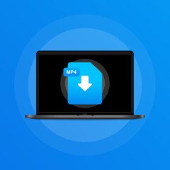 Poster - Laptop and download MP4 file icon. Document downloading concept. MP4 label and down arrow sign. Vector on isolated background. EPS 10