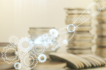 Aufkleber - Double exposure of abstract virtual robotics technology hologram on growing stacks of coins background. Research and development software concept