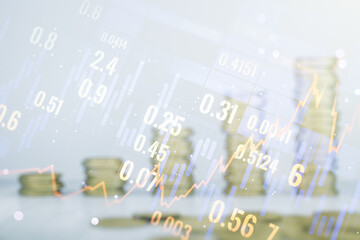 Poster - Multi exposure of abstract virtual financial graph hologram on stacks of coins background, forex and investment concept