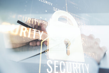 Aufkleber - Creative lock illustration with microcircuit and hand writing in diary on background with laptop, cyber security concept. Multiexposure