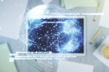 Poster - Double exposure of abstract creative programming illustration with world map and modern digital tablet on background, big data and blockchain concept
