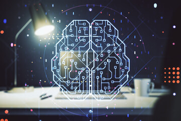 Creative artificial Intelligence concept with human brain sketch on modern computer background. Double exposure