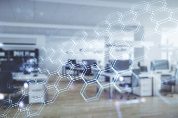 Aufkleber - Abstract virtual wireless technology hologram with hexagon on a modern furnished classroom background, artificial intelligence and machine learning concept. Multi exposure
