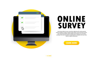 Poster - online survey illustration. check list online form on computer. report on website or web internet su