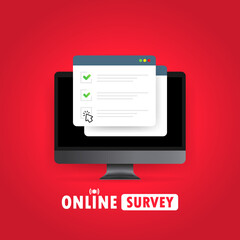 Online survey illustration. Check list online form on computer. Report on website or web internet survey. Browser window with check marks. Vector on isolated white background. EPS 10