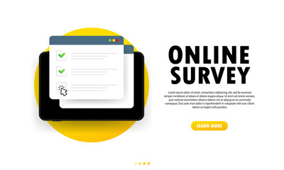 Poster - online survey illustration. check list online form on tablet. report on website or web internet surv