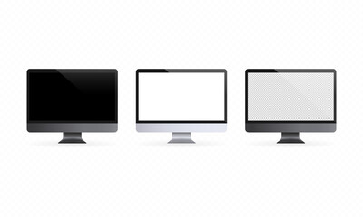 Aufkleber - Realistic desktop computer with blank display. PC in front and side view. In black, silver and space gray color. Vector on isolated transparent background. EPS 10