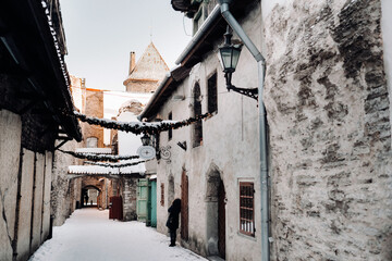 Winter View of the old town of Tallinn.Snow-covered city near the Baltic sea. Estonia